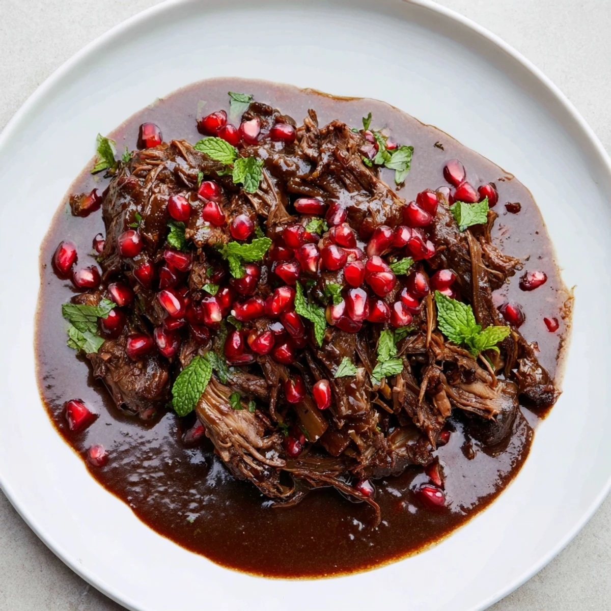 Golden-brown Braised Lamb Shoulder with Pomegranate is presented on a rustic table, sprinkled with fresh green parsley and mint for a festive aroma.
