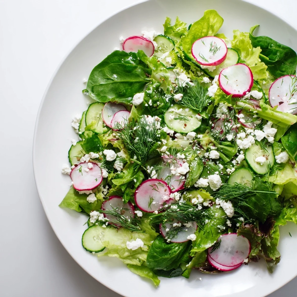 Vibrant Spring Garden Salad with Radishes and Cucumber in a ceramic bowl with a light lemony vinaigrette.