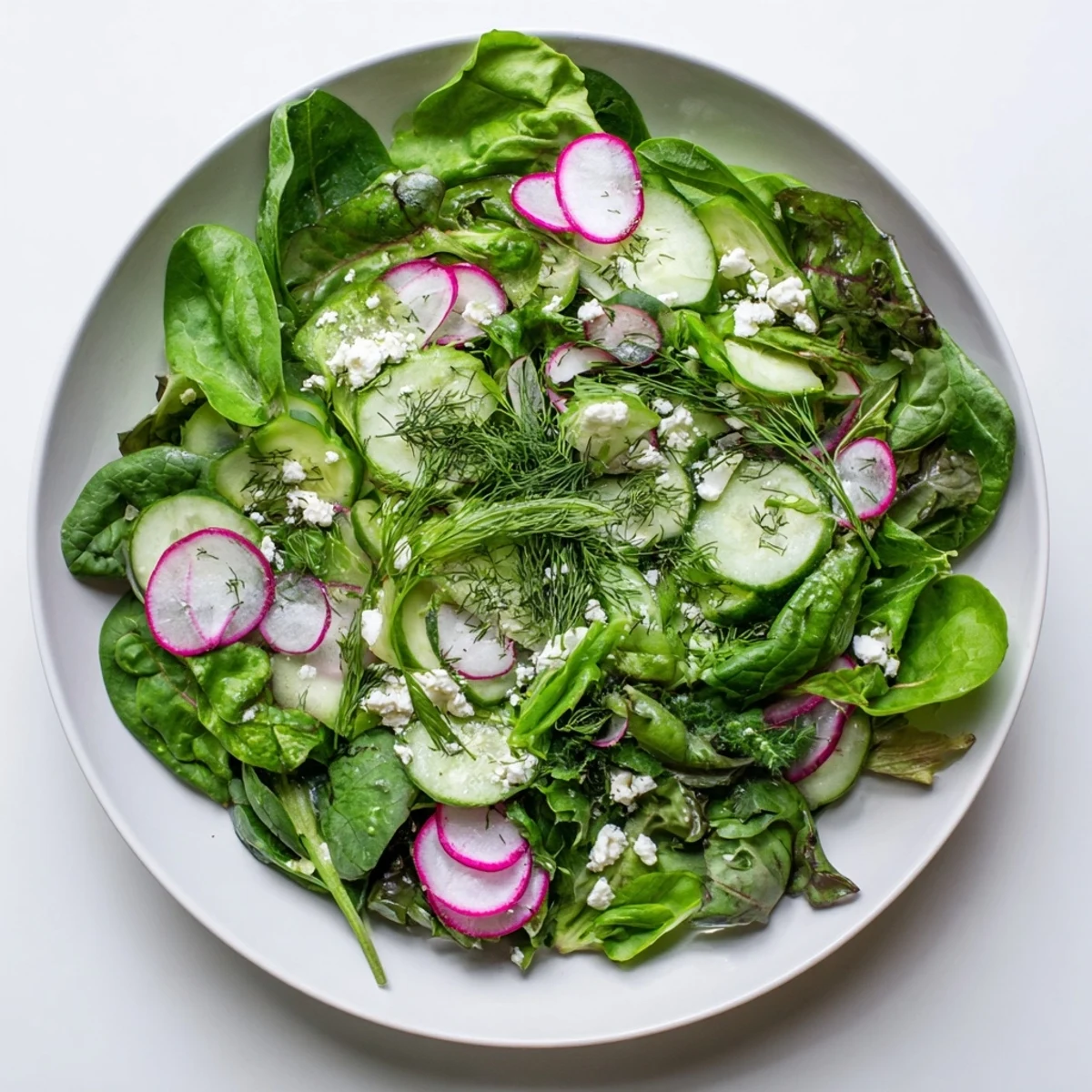 Close-up of Spring Garden Salad with Radishes and Cucumber garnished with dill and optional crumbled feta cheese.