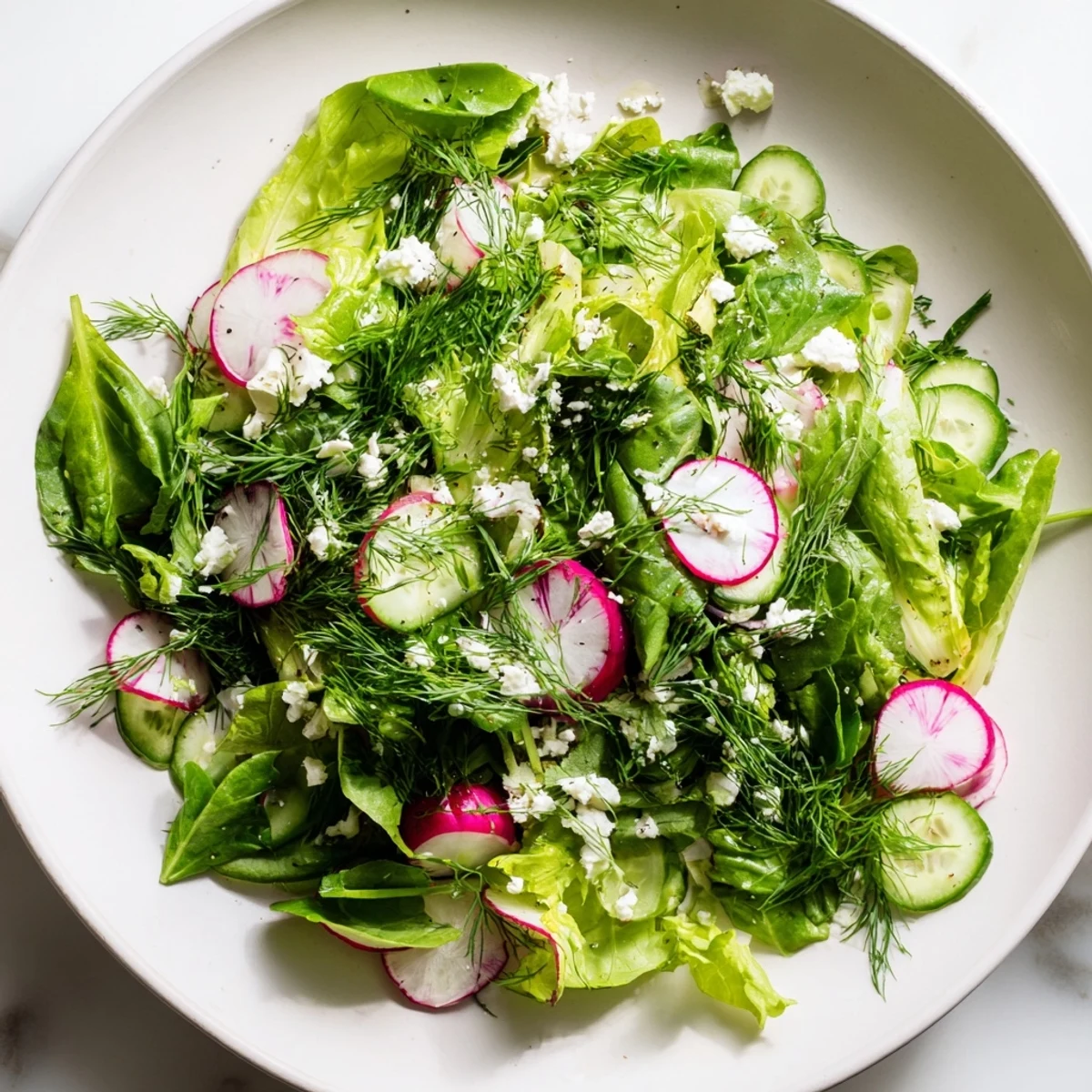 Freshly tossed Spring Garden Salad with Radishes and Cucumber paired with a chilled glass of white wine.