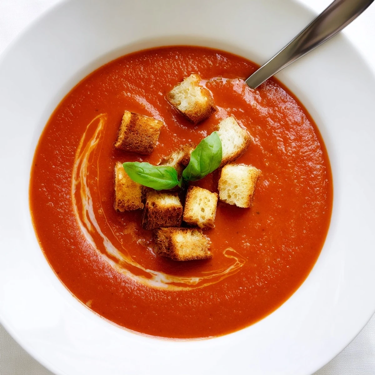 A warm bowl of Creamy Tomato and Basil Soup with Croutons, garnished with fresh basil and a swirl of cream.