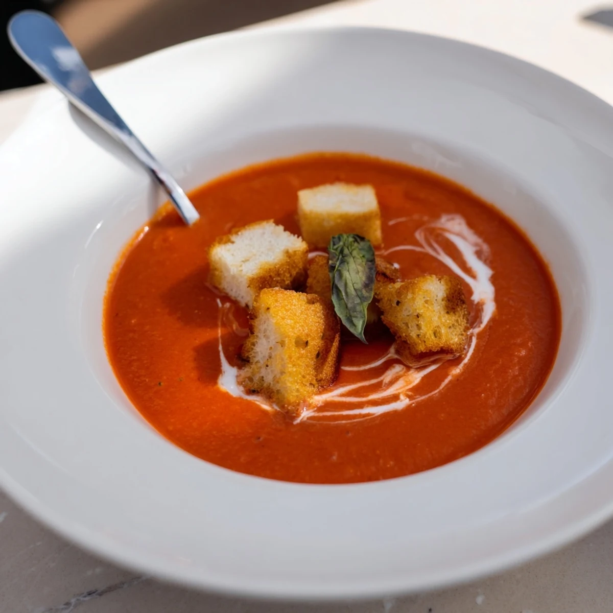 Creamy Tomato and Basil Soup with Croutons steaming in a white bowl, topped with golden baked croutons.