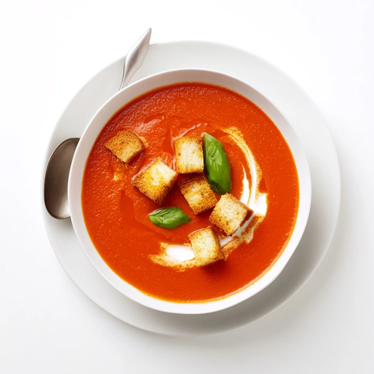 Close-up of Creamy Tomato and Basil Soup with Croutons featuring a rich red broth and crisp bread pieces.