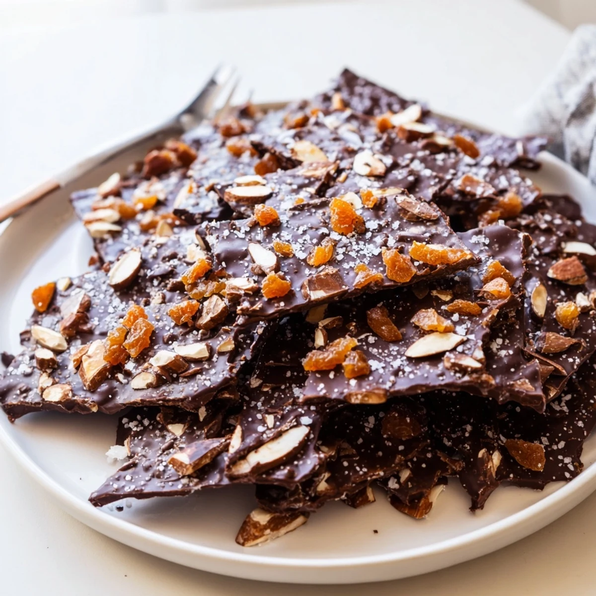 Golden chocolate covered matzo crackers are topped with flaky sea salt on a festive table, ready to serve.