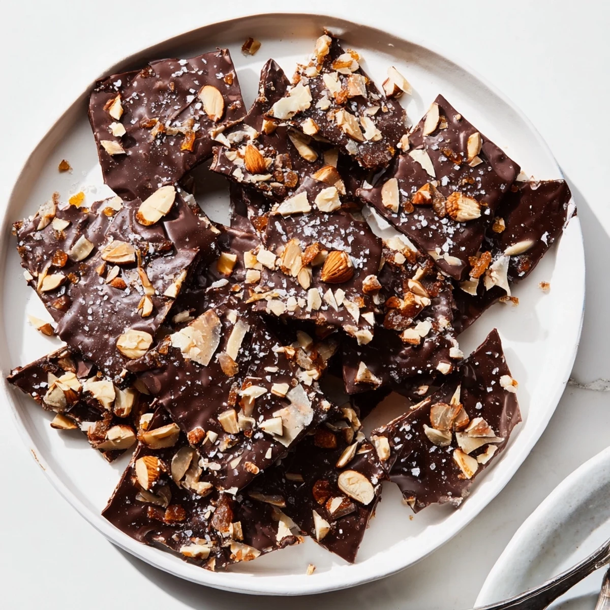A close-up view of chocolate covered matzo crackers stacked with almond slices and dried cranberries for a sweet crunch.
