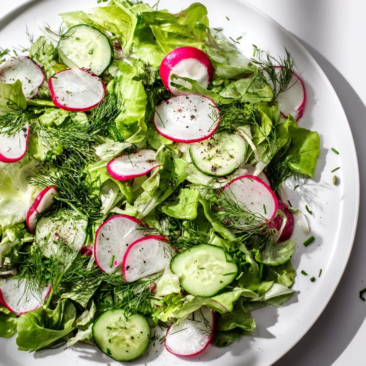 Fresh Spring Garden Salad with Radishes and Cucumber served in a white bowl with a lemon wedge on the side.