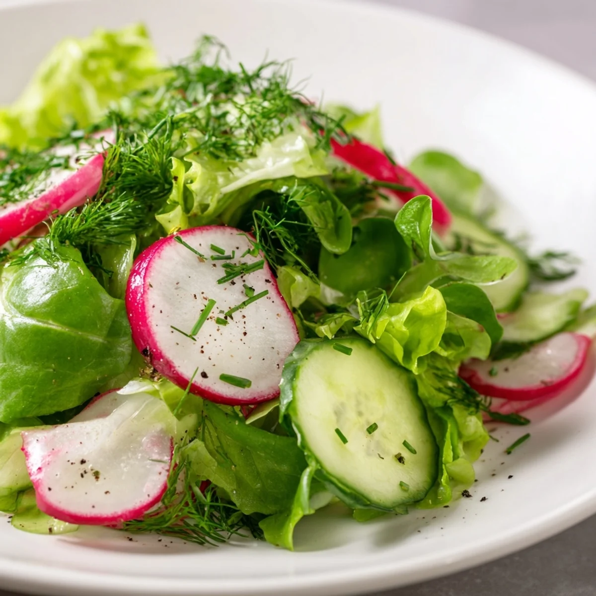 Colorful Spring Garden Salad with Radishes and Cucumber topped with fresh dill and chives on a rustic wooden table.