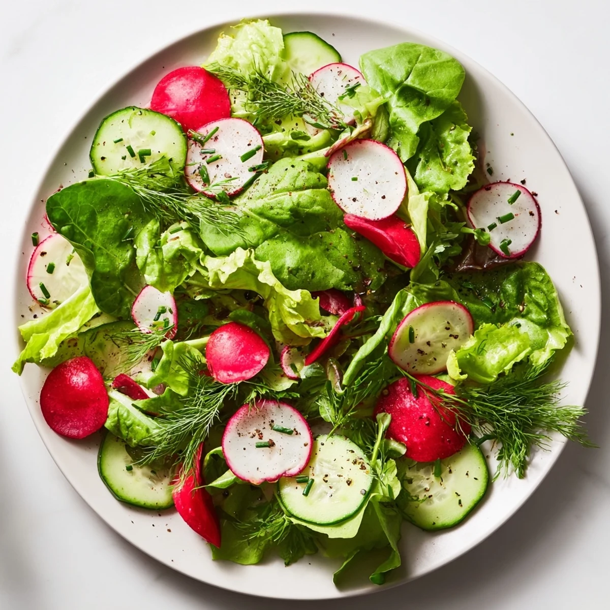 Close-up of Spring Garden Salad with Radishes and Cucumber highlighting crisp radish slices and refreshing greens.