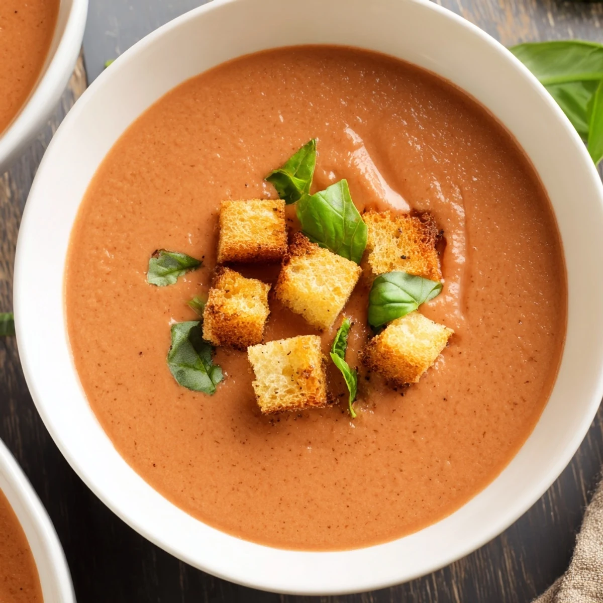 A warm bowl of Creamy Tomato and Basil Soup with Garlic Croutons topped with fresh basil and golden-brown bread cubes.
