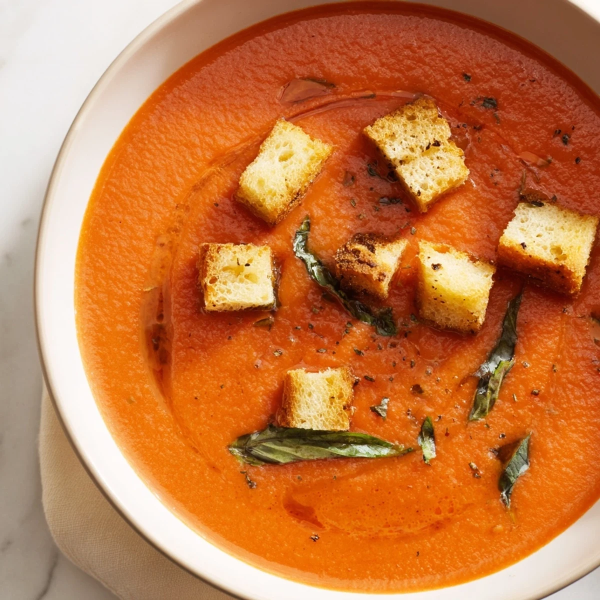 Close-up of Creamy Tomato and Basil Soup with Garlic Croutons showing the velvety red soup and crispy homemade croutons.