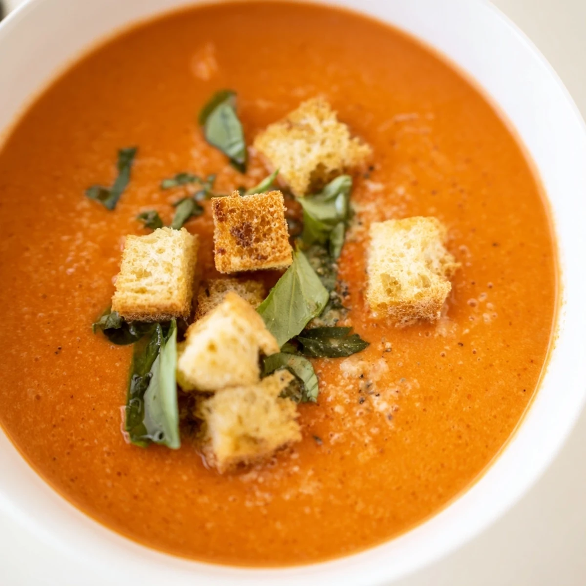 Homemade Creamy Tomato and Basil Soup with Garlic Croutons served steaming in a rustic bowl for a comforting meal.