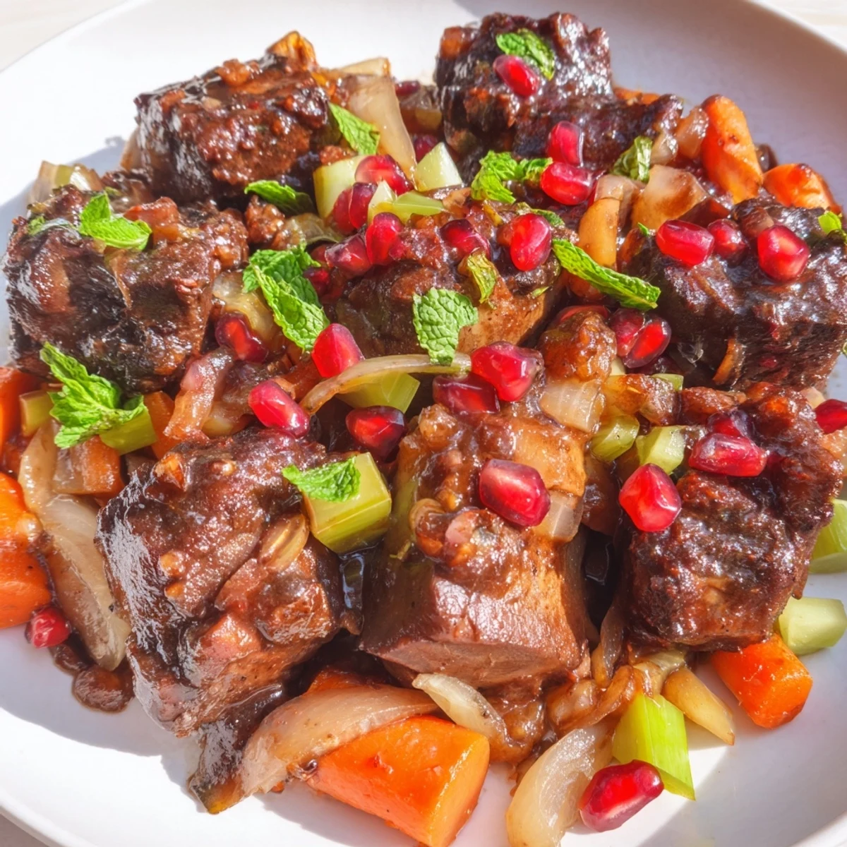 Slow-cooked Braised Lamb Shoulder with Pomegranate Molasses glistening with aromatic spices, served with fresh herbs and seeds.