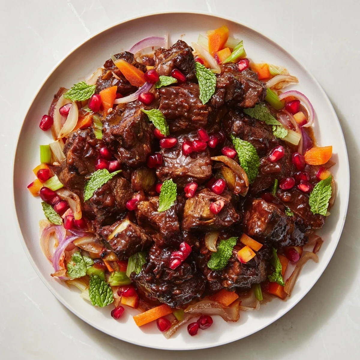 Golden, fall-apart Braised Lamb Shoulder with Pomegranate Molasses topped with juicy pomegranate seeds and chopped parsley.