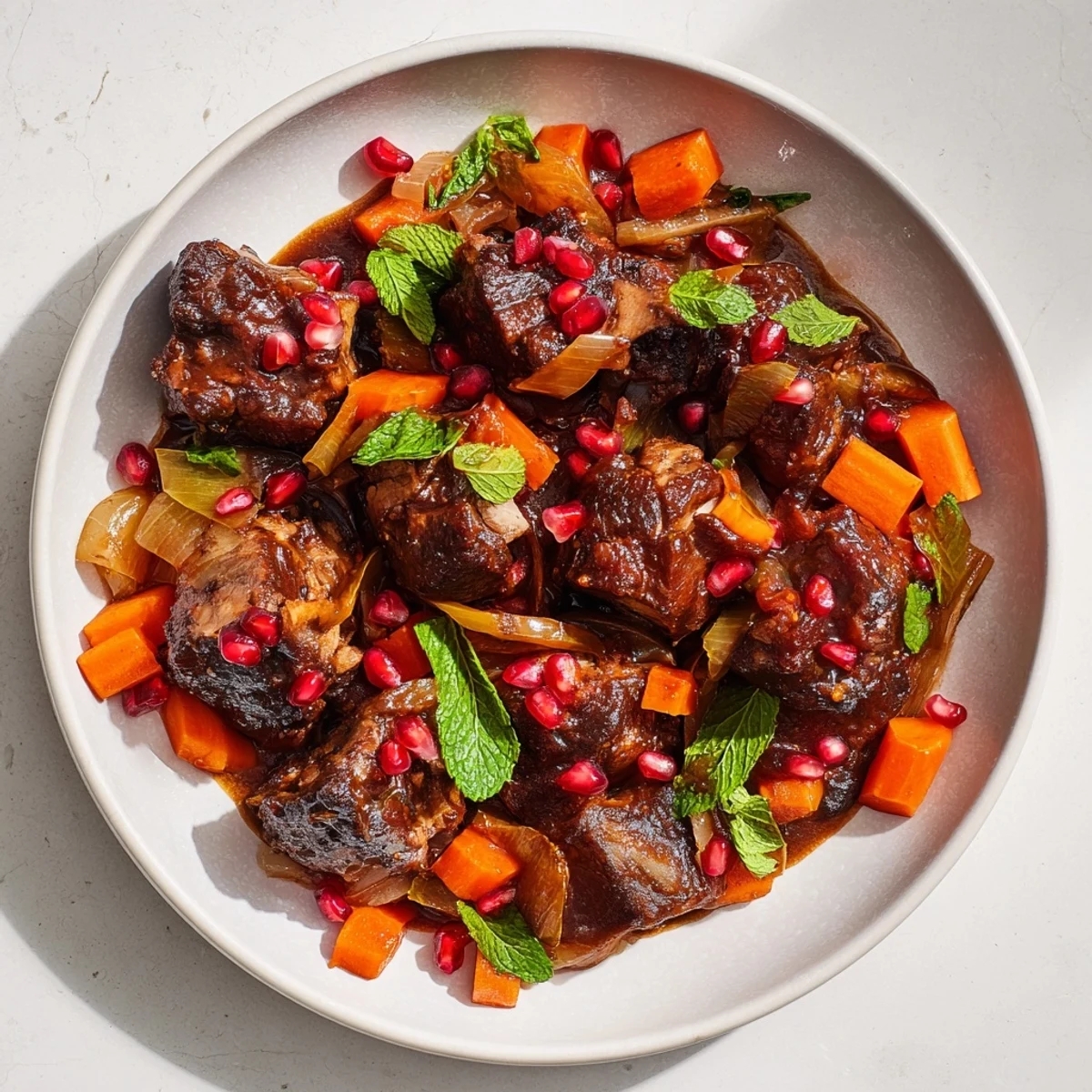 Tender, shredded Braised Lamb Shoulder with Pomegranate Molasses plated with saffron rice and fresh mint garnish.