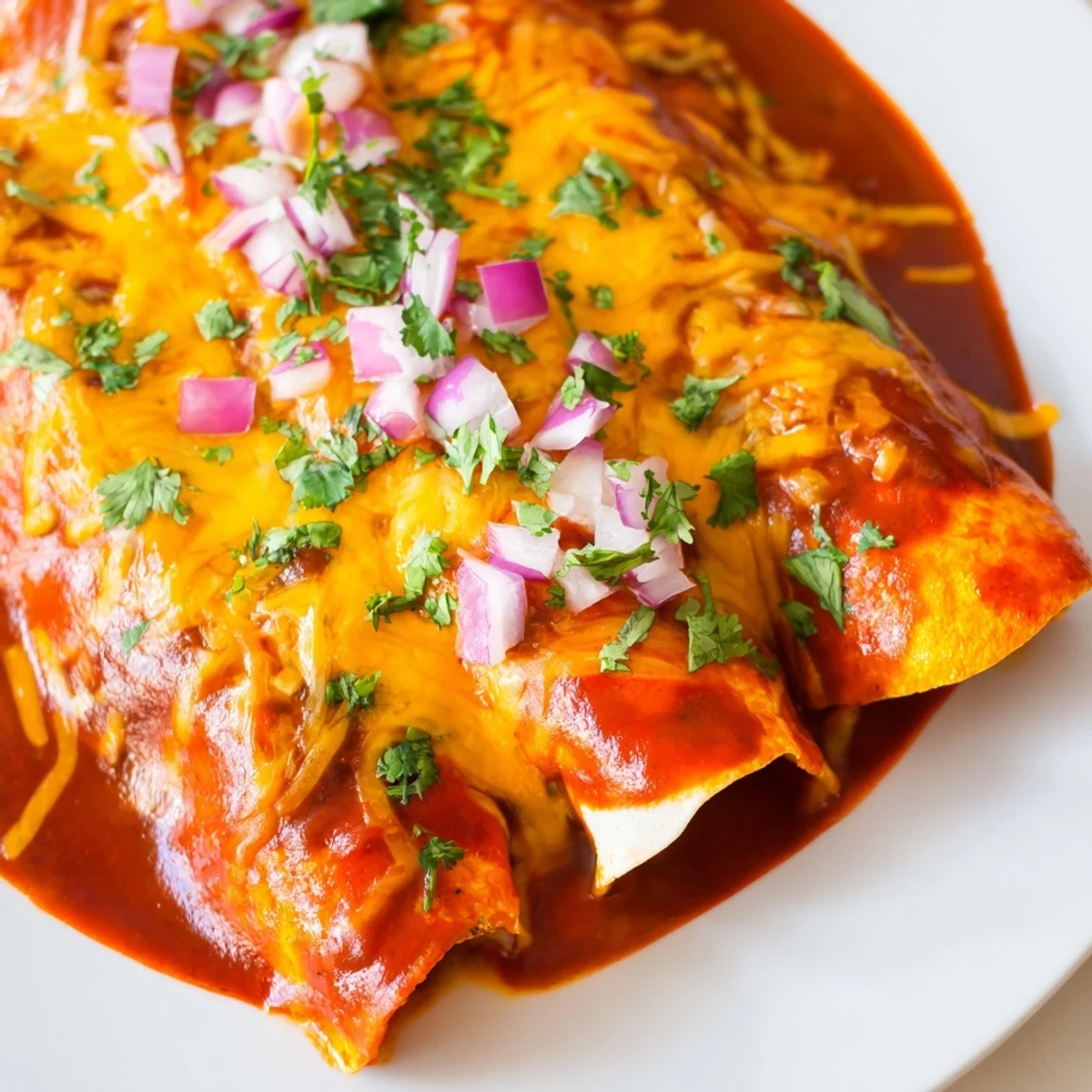 Golden-brown beef enchiladas smothered in homemade red chili sauce, topped with melted cheddar cheese on a ceramic plate.