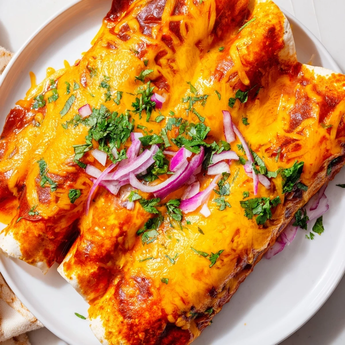 Hearty beef enchiladas with homemade red chili sauce served with cilantro and sliced red onion garnish.