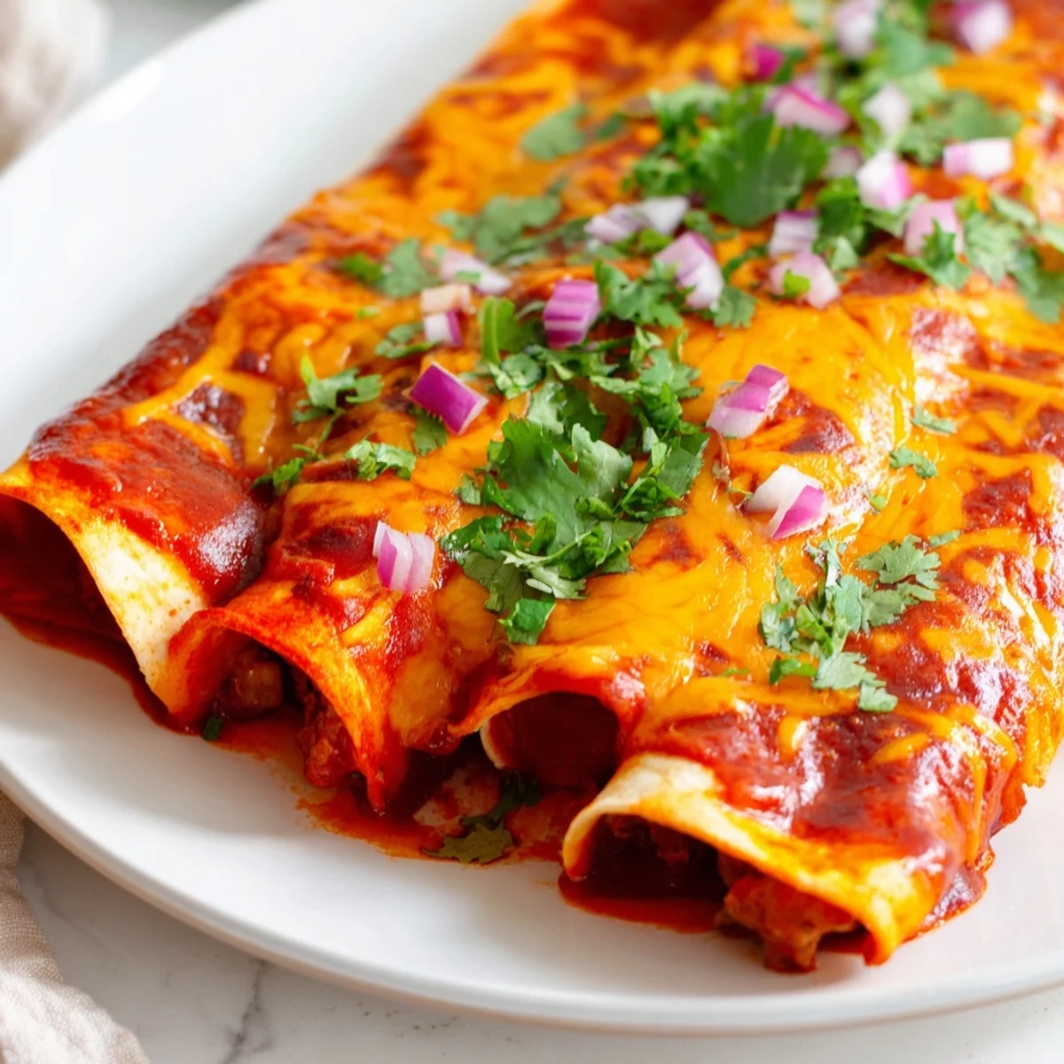 Bubbling baked enchiladas with soft tortillas filled with seasoned beef and rich red chili sauce.