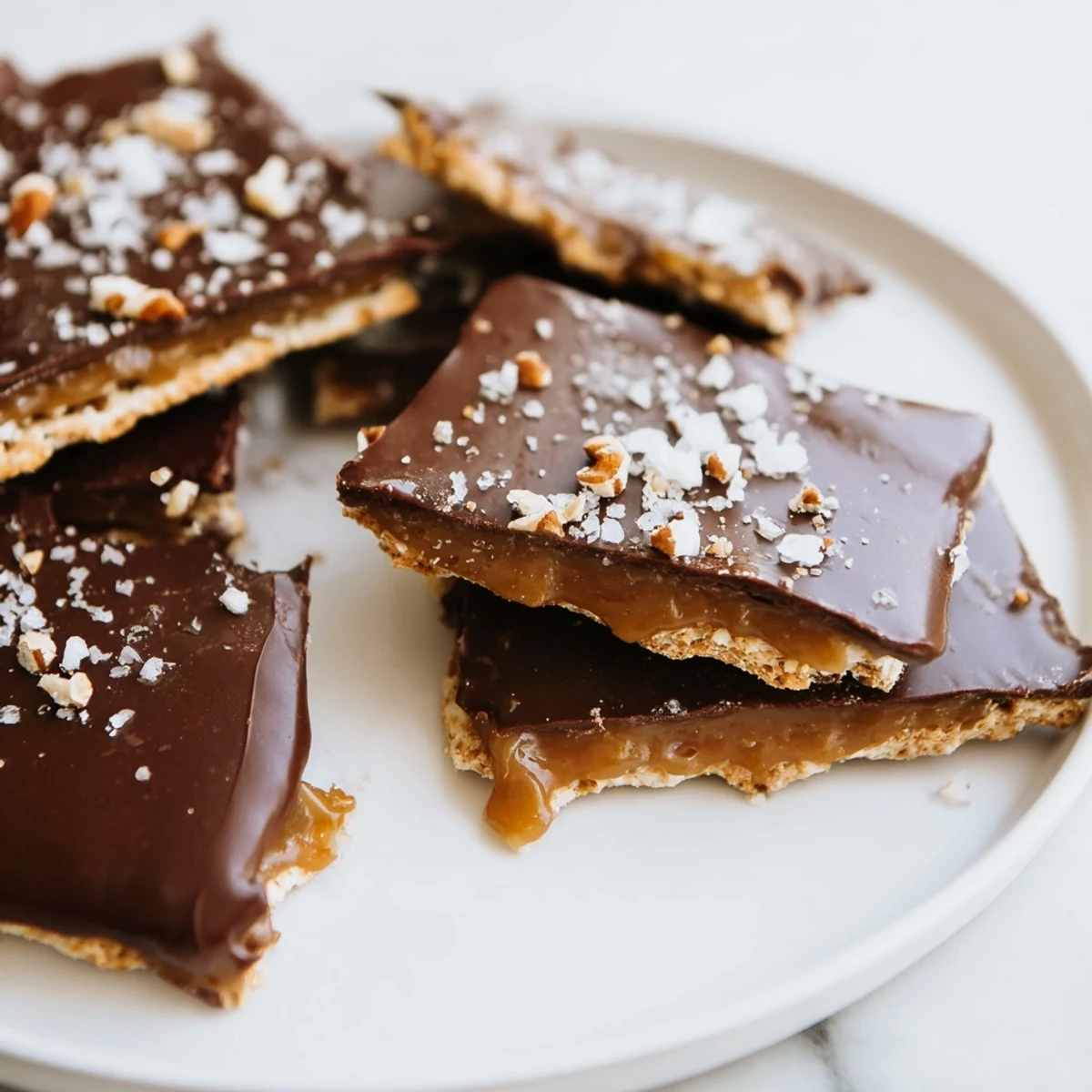 Golden squares of Chocolate Covered Matzo Crackers with Toffee glisten with melted semi-sweet chocolate and a dusting of flaky sea salt on a rustic wooden board.  