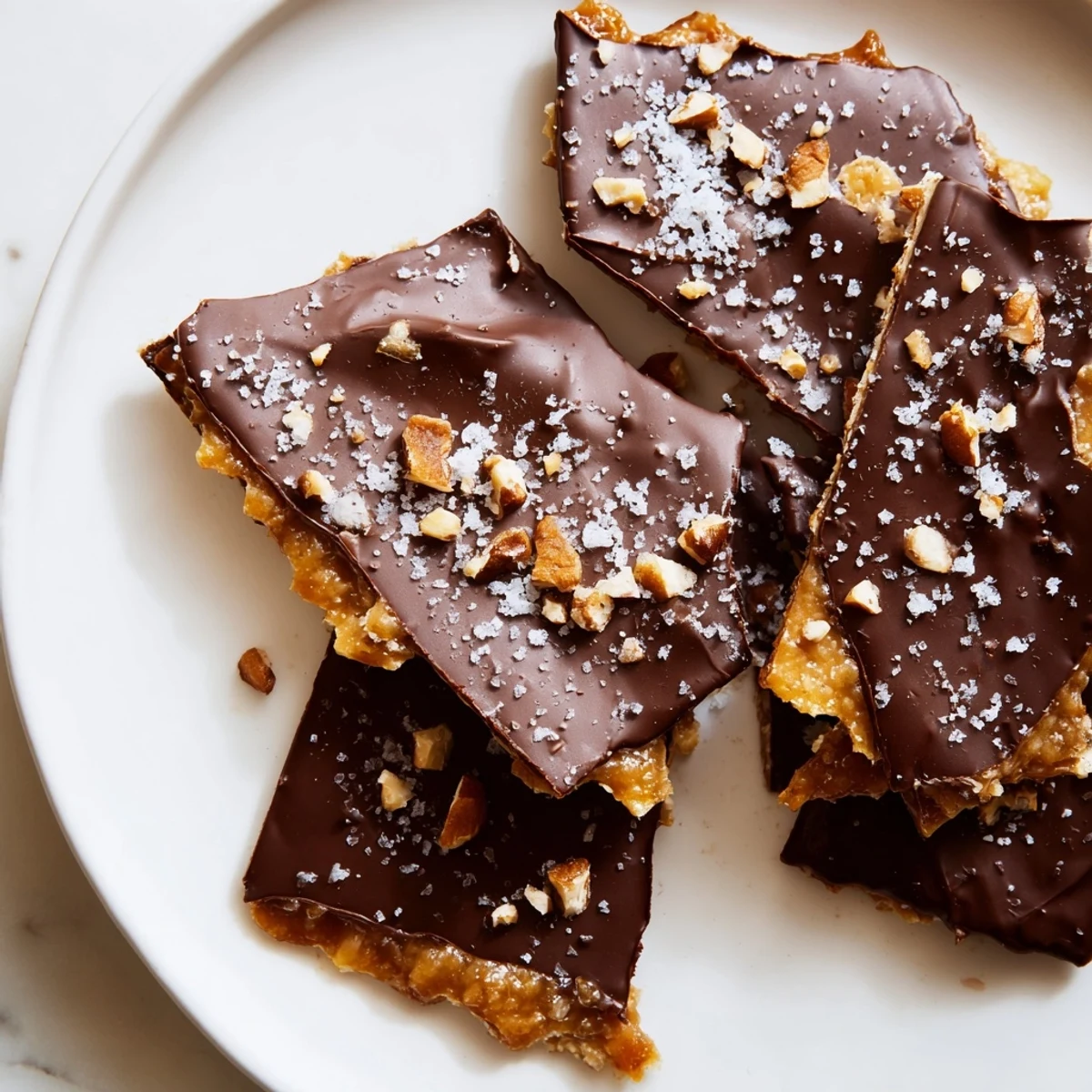 A close-up view showcases the layered texture of crispy matzo, buttery toffee, and chopped toasted pecans for a delightful Passover dessert.  