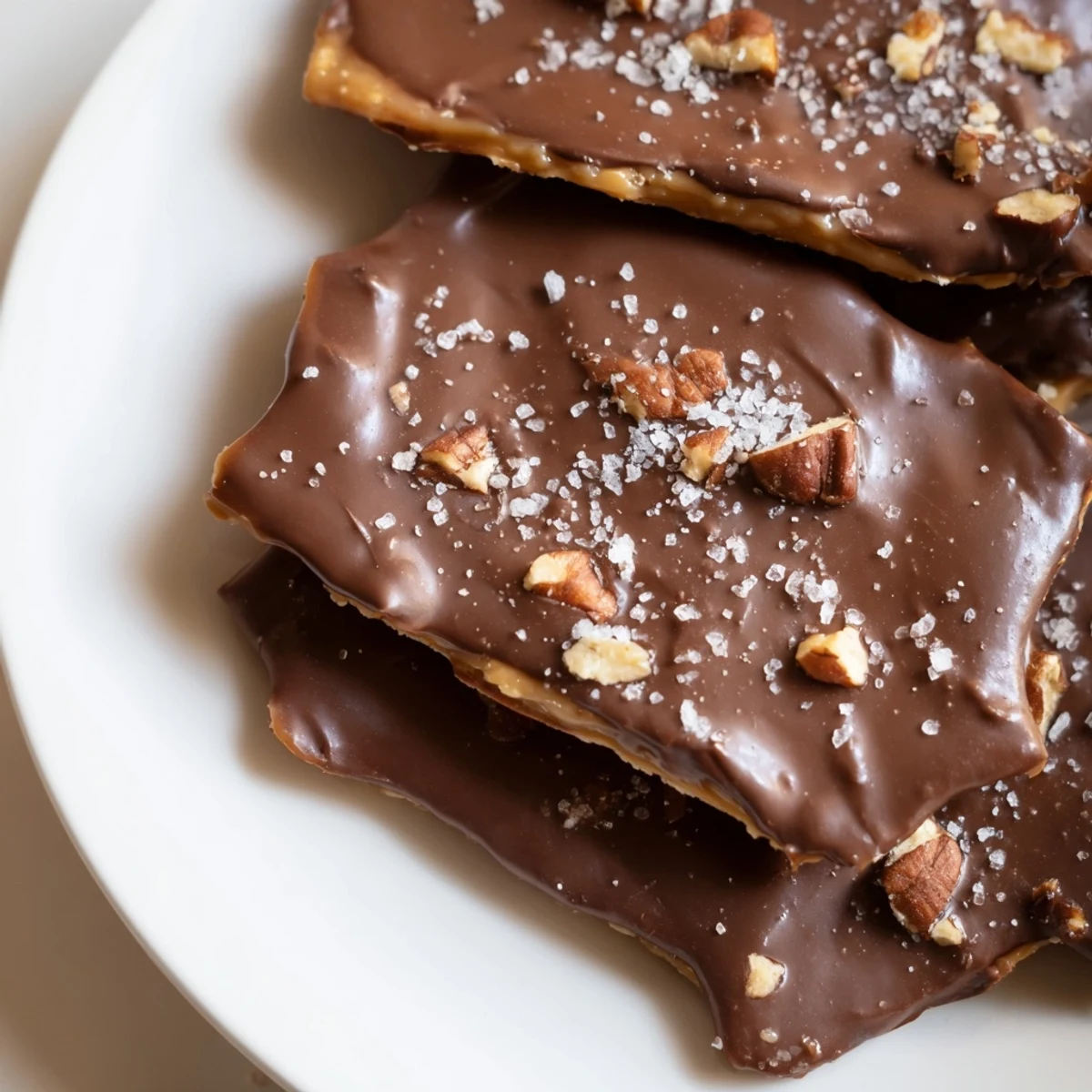 Broken pieces of Chocolate Covered Matzo Crackers with Toffee reveal a rich chocolate shell over bubbling toffee, perfect for snacking or holiday gifting.