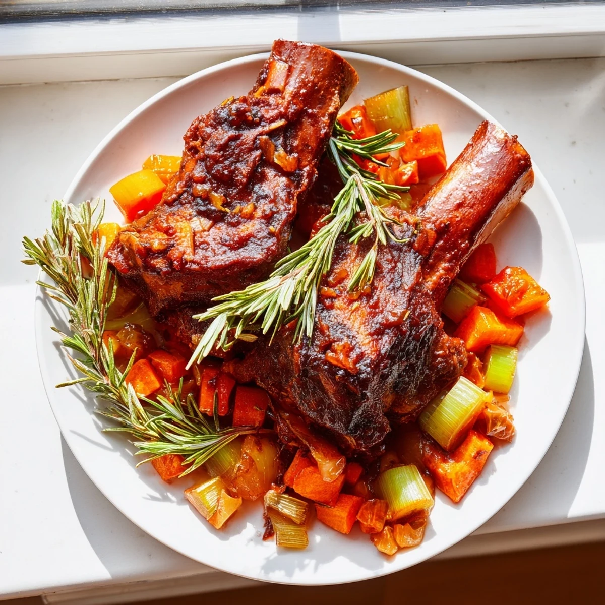 Golden-brown Braised Lamb Shoulder with Molasses Glaze glistens, served with creamy mashed potatoes on a rustic wooden table.