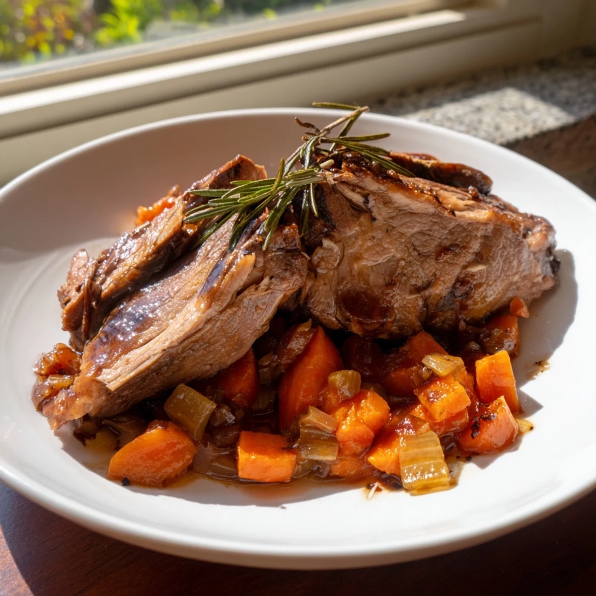 A tender slice of Braised Lamb Shoulder with Molasses Glaze reveals juicy, fall-apart meat perfect for a family dinner.