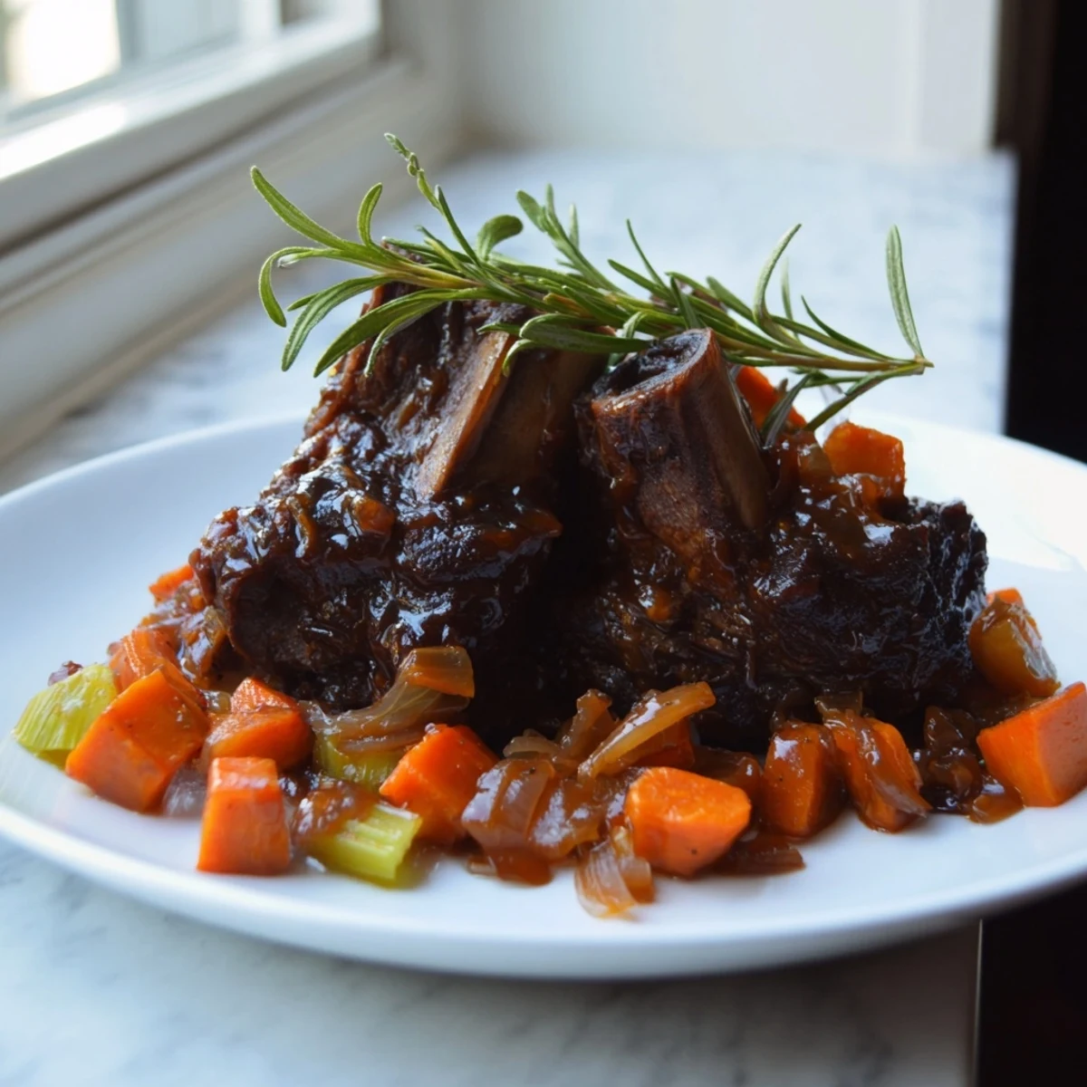 Close-up of Braised Lamb Shoulder with Molasses Glaze, showing caramelized edges and a rich, glossy sauce in a Dutch oven.