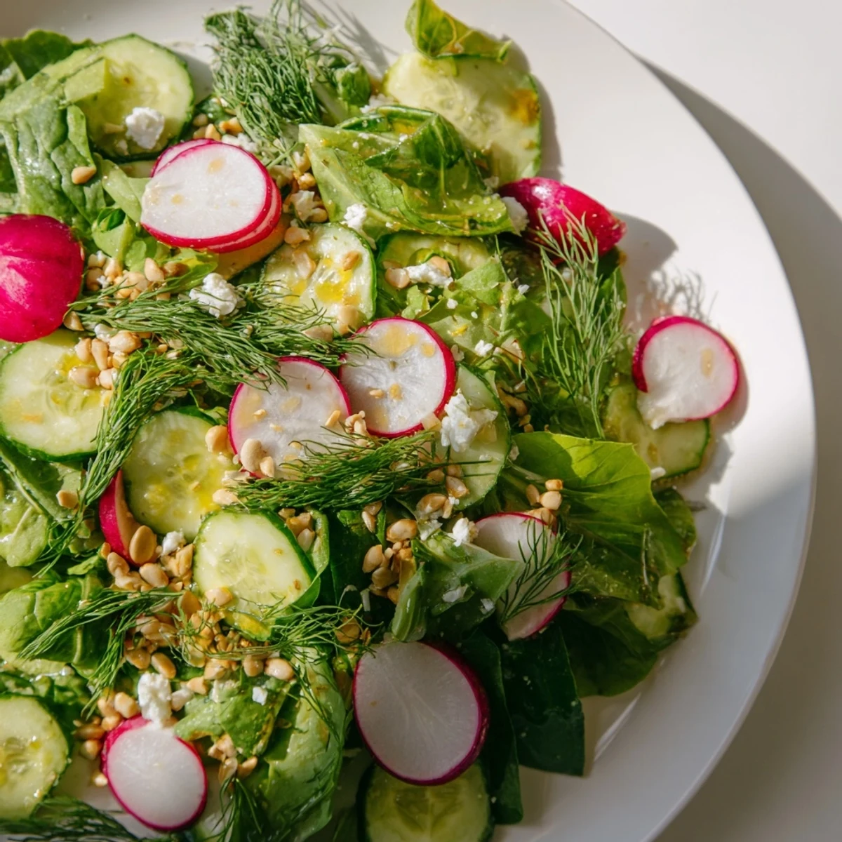 Fresh Spring Garden Salad with Radishes and Cucumber tossed in zesty lemon vinaigrette for a crisp, refreshing bite.