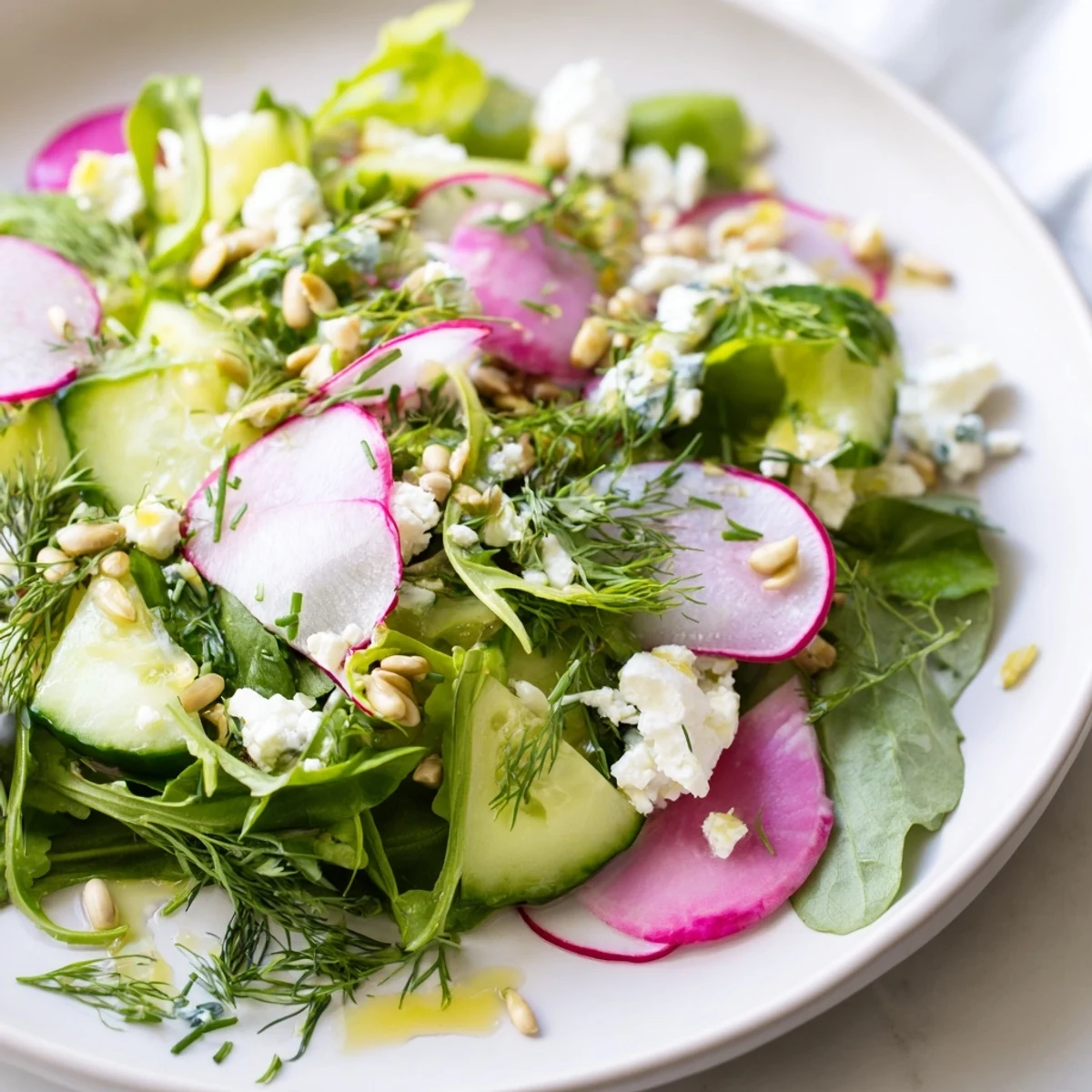 Colorful Spring Garden Salad with Radishes and Cucumber features peppery roots and cool slices served on vibrant greens.