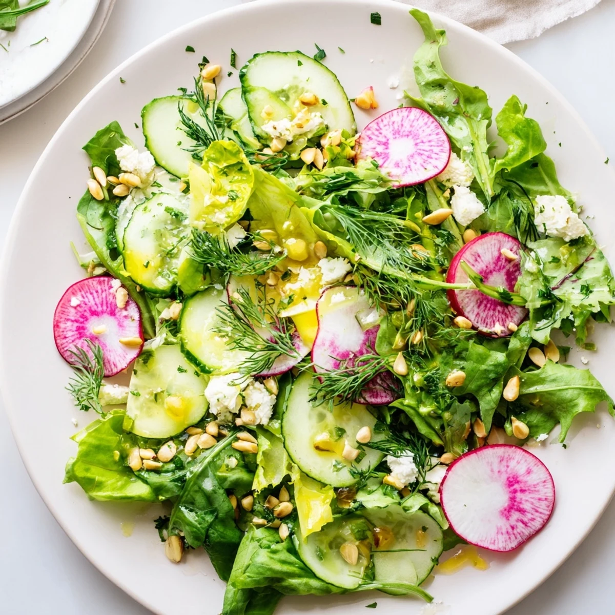Tasty Spring Garden Salad with Radishes and Cucumber topped with feta and sunflower seeds makes a perfect spring lunch.