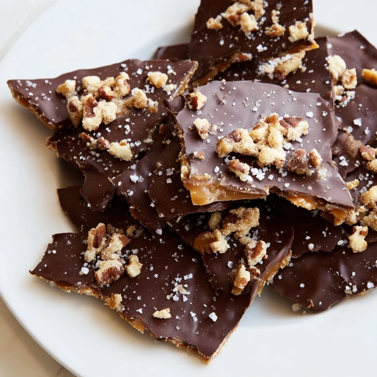 Golden-brown toffee dripping over crispy matzo crackers, topped with melted chocolate and flaky sea salt for the ultimate Chocolate Covered Matzo Crackers with Toffee.