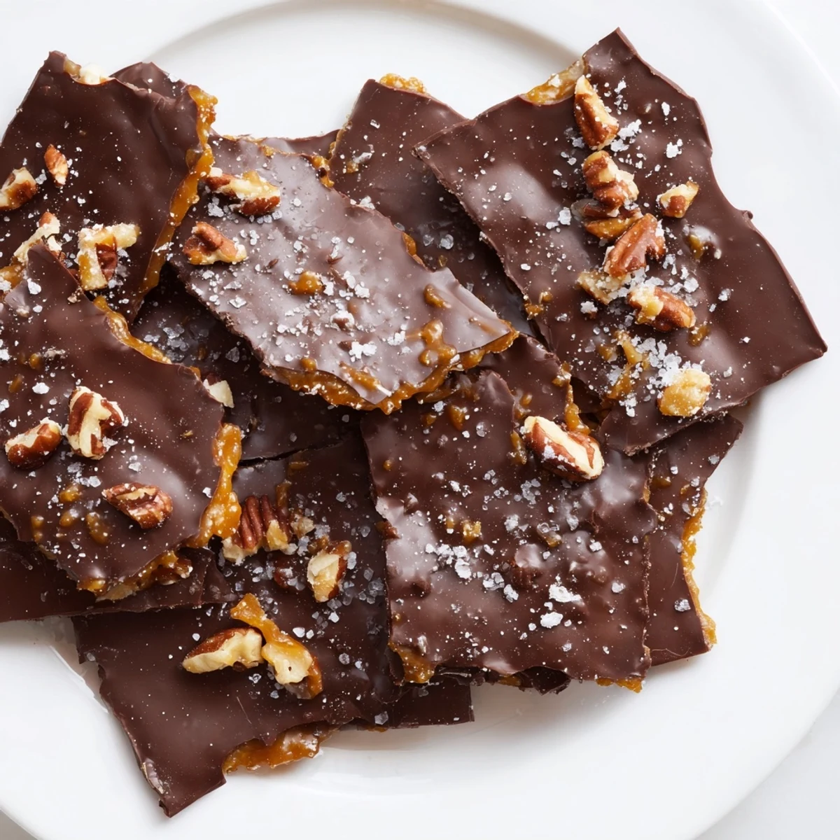 A close-up of broken pieces of Chocolate Covered Matzo Crackers with Toffee, revealing the rich buttery toffee and semi-sweet chocolate layers.