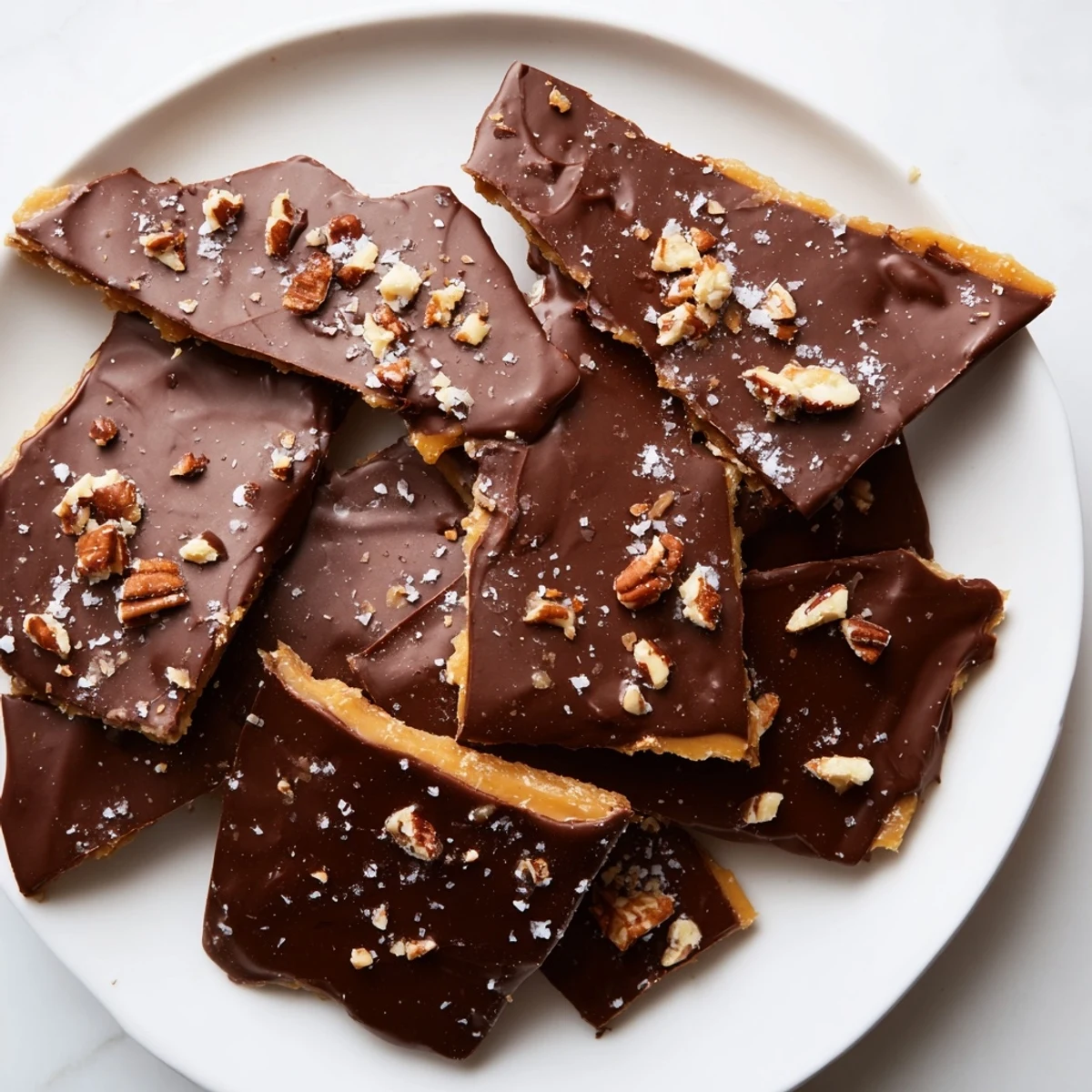 Stacked shards of Chocolate Covered Matzo Crackers with Toffee glisten with chocolate, scattered with toasted almonds and toffee bits on a rustic plate.