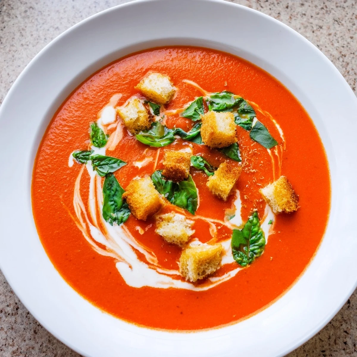 A bowl of creamy tomato and basil soup with garlic croutons topped with fresh basil and drizzled with olive oil.