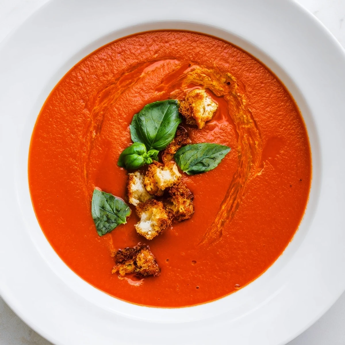 Close-up of homemade creamy tomato and basil soup with garlic croutons in a rustic white bowl, perfect for cozy dinners.
