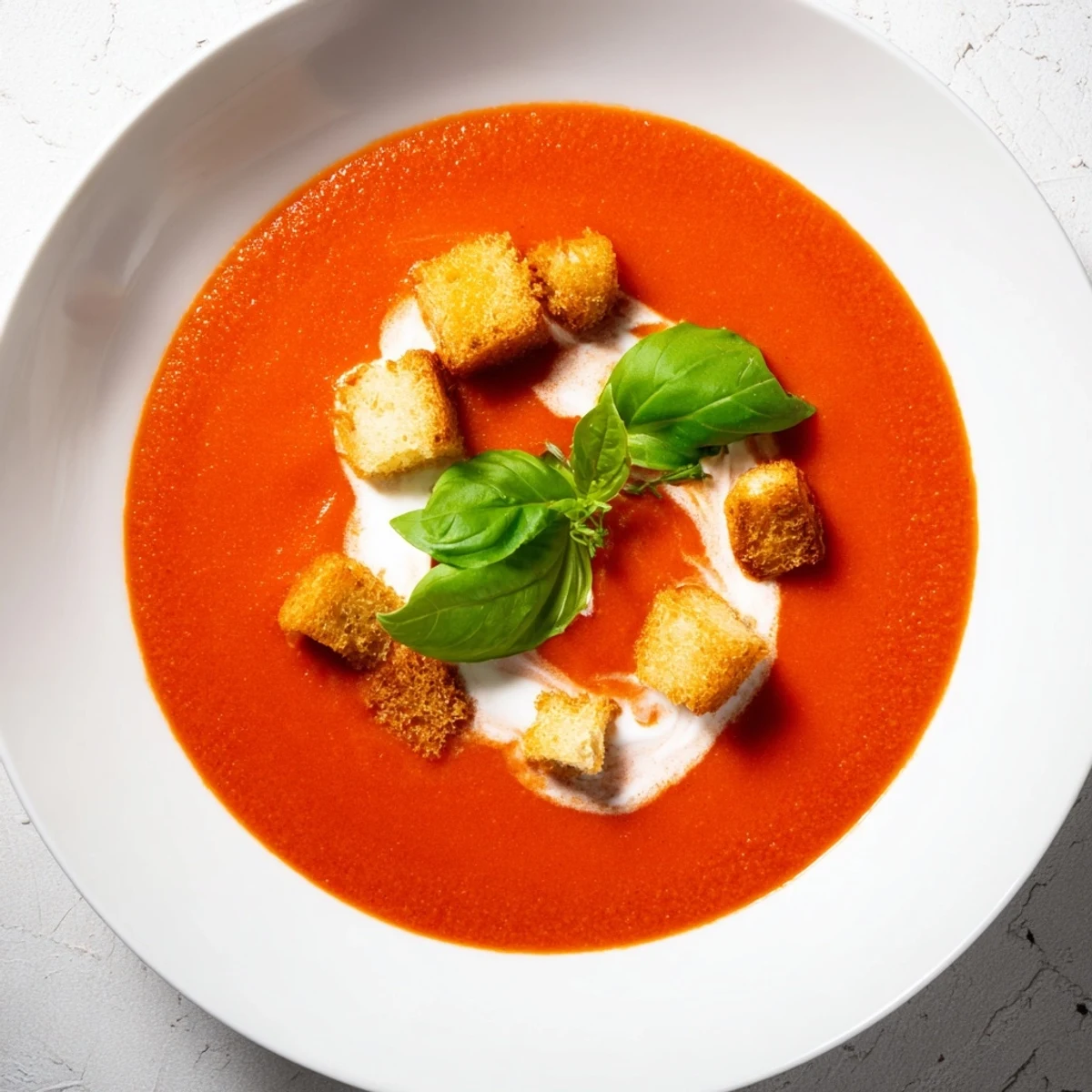 Creamy tomato and basil soup with garlic croutons served beside a glass of white wine on a wooden table.