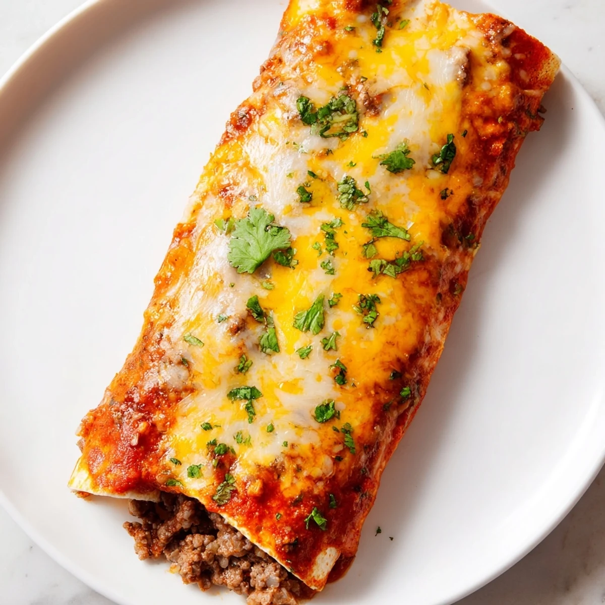 Tender ground beef filling in corn tortillas smothered with spicy homemade red chili sauce and melted cheese.