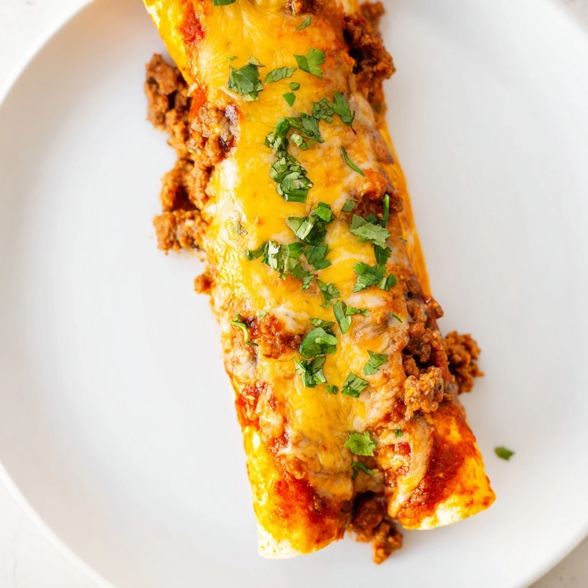 Oven baked Beef Enchiladas with Homemade Red Chili Sauce topped with fresh cilantro and gooey cheese.