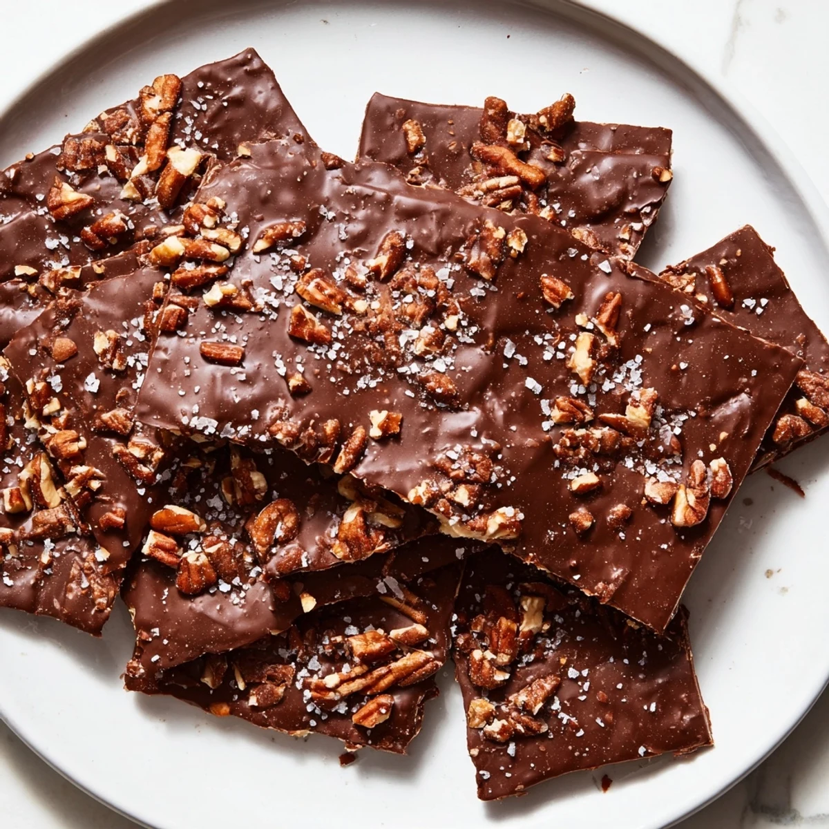 The finished Chocolate Covered Matzo Crackers arranged on a white plate, showing glossy chocolate and nutty toppings.