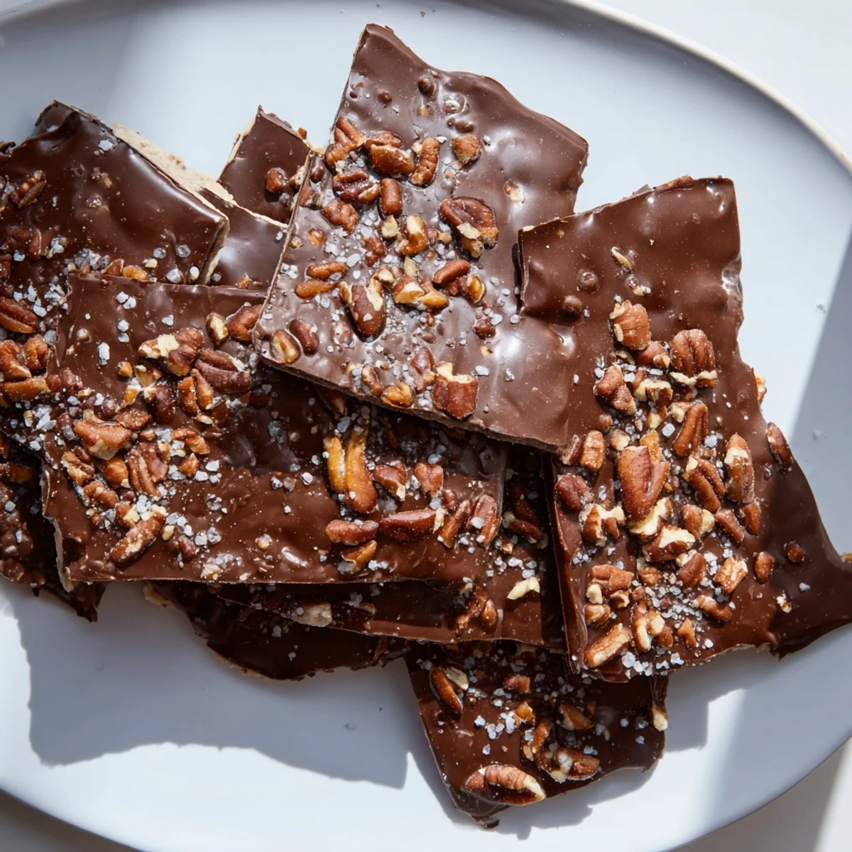 A close-up of Chocolate Covered Matzo Crackers with melted dark chocolate and crunchy almond pieces.