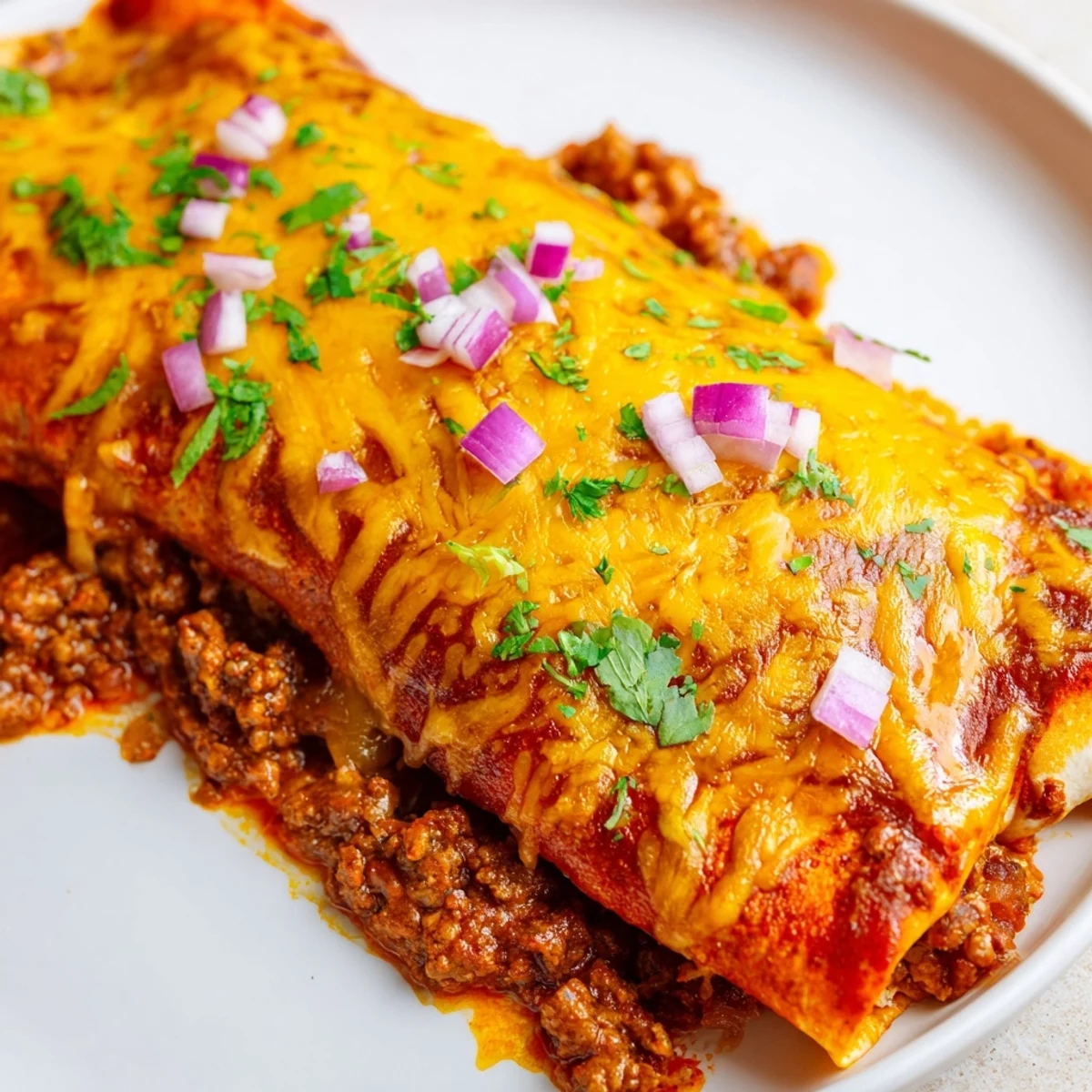 Beef Enchiladas with Homemade Red Sauce are garnished with fresh cilantro and red onion on a white plate.