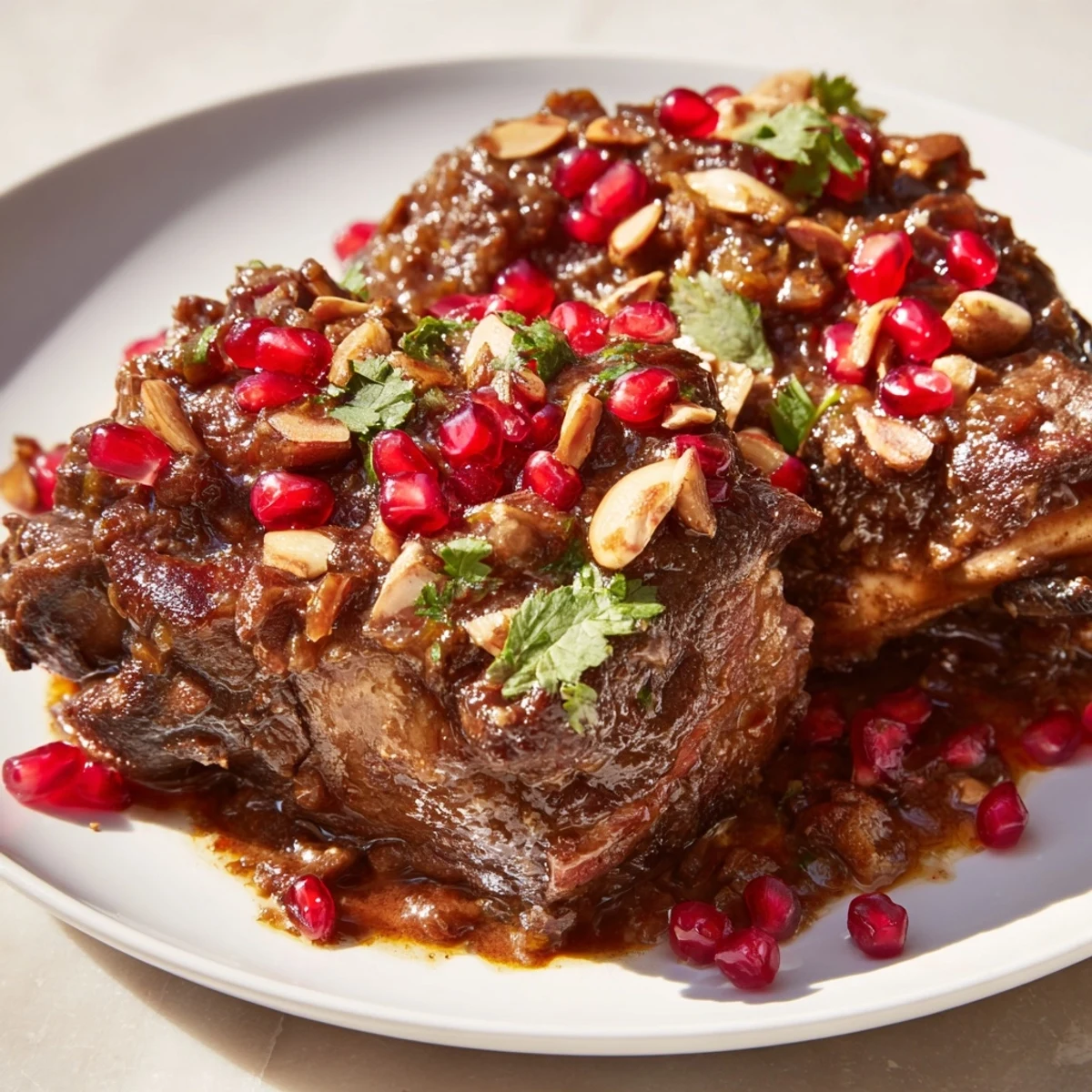 Close-up of Braised Lamb Shoulder with Pomegranate glistening with a rich, ruby-hued sauce and scattered seeds. The tender meat pulls apart easily, surrounded by golden onions and fresh cilantro, creating a warm, inviting presentation perfect for a cozy dinner table.
