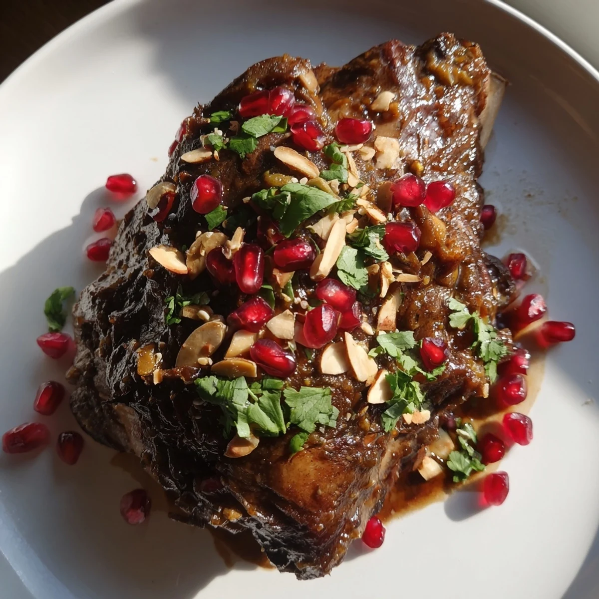 In a rustic Dutch oven, the Braised Lamb Shoulder with Pomegranate simmers, releasing aromatic steam scented with cumin and cinnamon. Garnished with vibrant pomegranate seeds and chopped parsley, this succulent main dish looks ready to serve over fluffy rice or with warm flatbread.
