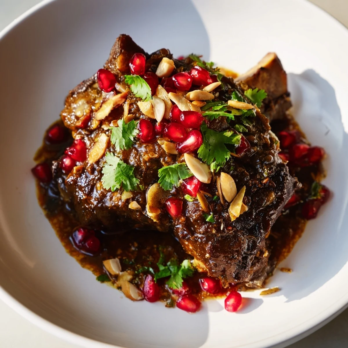 A beautifully plated serving of Braised Lamb Shoulder with Pomegranate highlights the fall-apart texture and sweet-tart glaze. Slivered almonds and fresh herbs add crunch and color to the savory meat, making it an enticing centerpiece for a Middle Eastern-inspired feast.