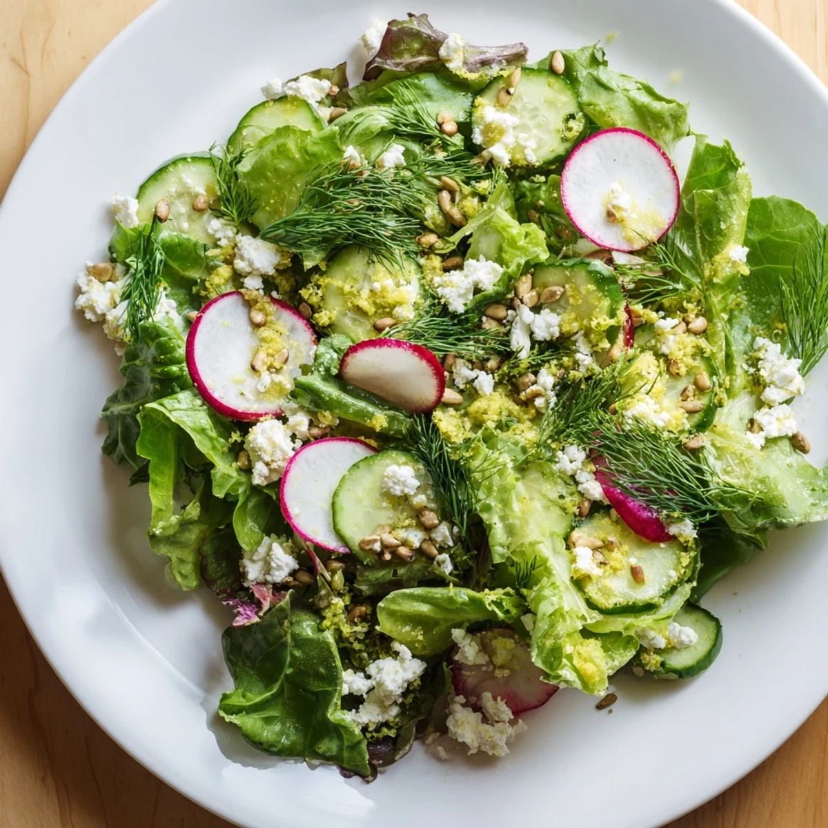 This colorful Spring Garden Salad with Radishes and Cucumber is garnished with feta and sunflower seeds, ready to serve.