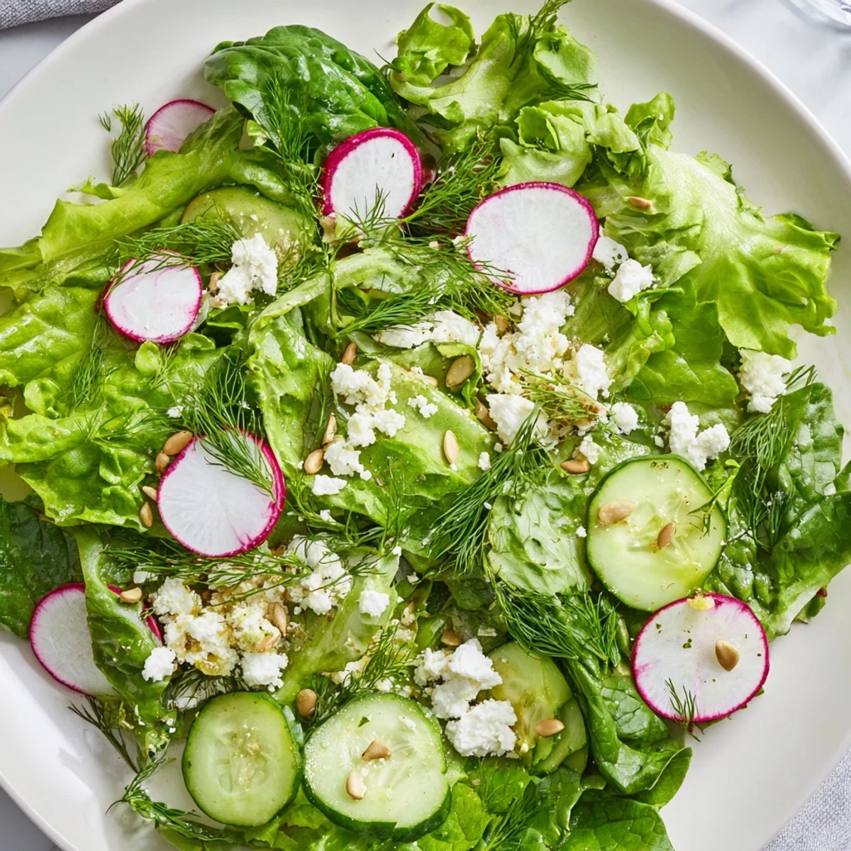 A fresh Spring Garden Salad with Radishes and Cucumber on a white plate, showcasing crisp greens and vibrant vegetables.
