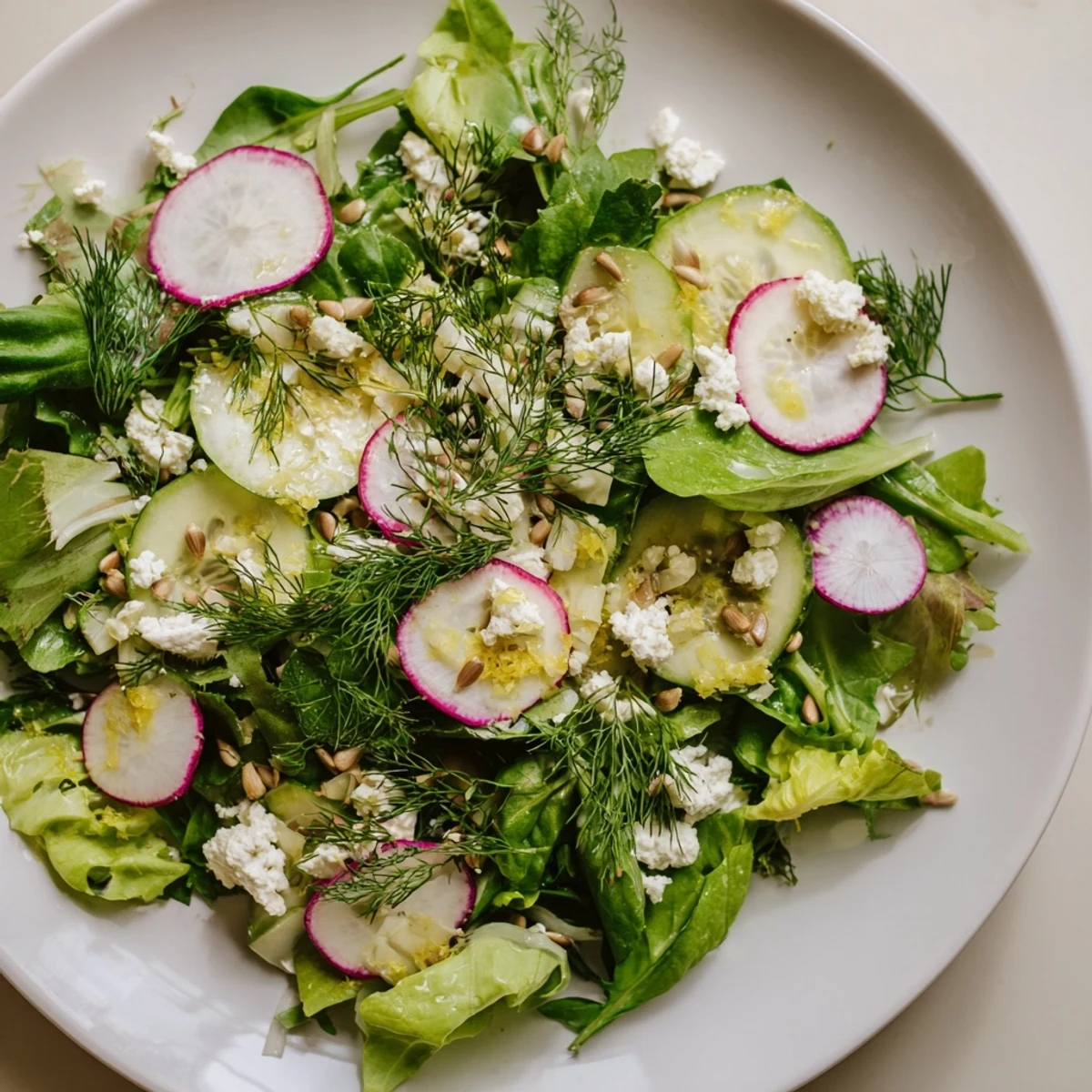 Overhead view of a Spring Garden Salad with Radishes and Cucumber tossed in lemon-herb dressing, glistening with olive oil.