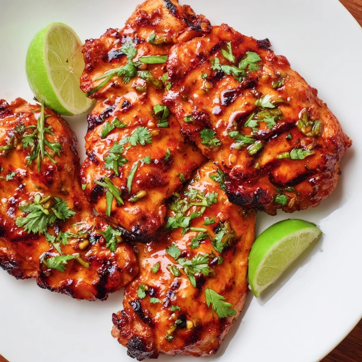 Grilled spicy honey lime chicken breasts with fresh cilantro garnish and lime wedges on a rustic plate, served alongside rice and vegetables.