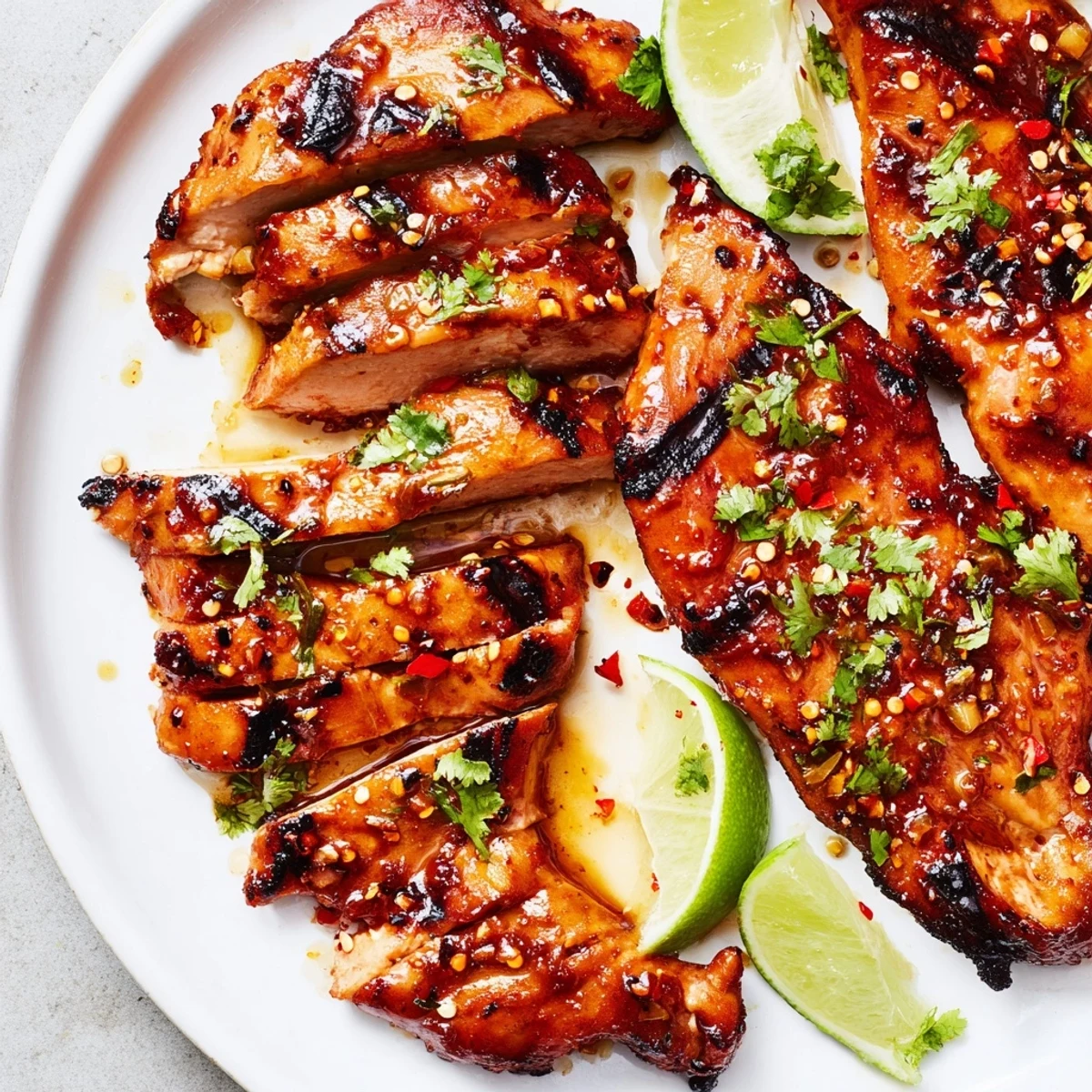 Sizzling boneless chicken breasts marinated in honey lime sauce, fresh off the grill with visible char marks and vibrant green cilantro sprinkled on top.