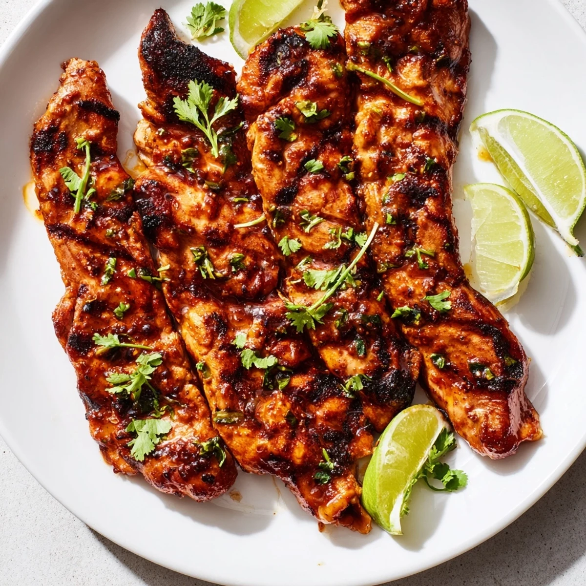 Juicy sliced spicy honey lime chicken with a golden brown exterior, paired with lime wedges on a wooden cutting board for a delicious dinner.